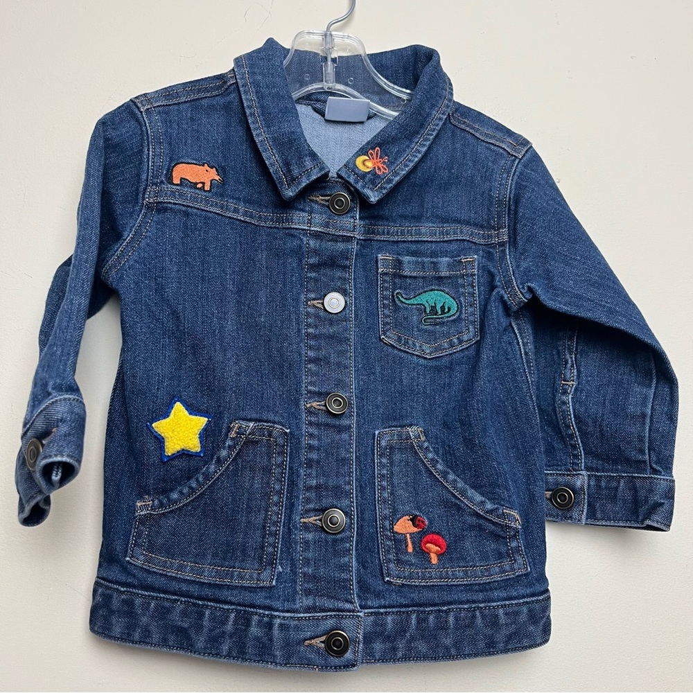 Hanna Andersson Embroidered Denim Jean Jacket 2T Stars Dino Mushrooms Rocket‎